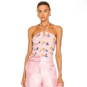 NEW GANNI REVOLVE RUCHED FLORAL PRINT MESH HALTER TOP
